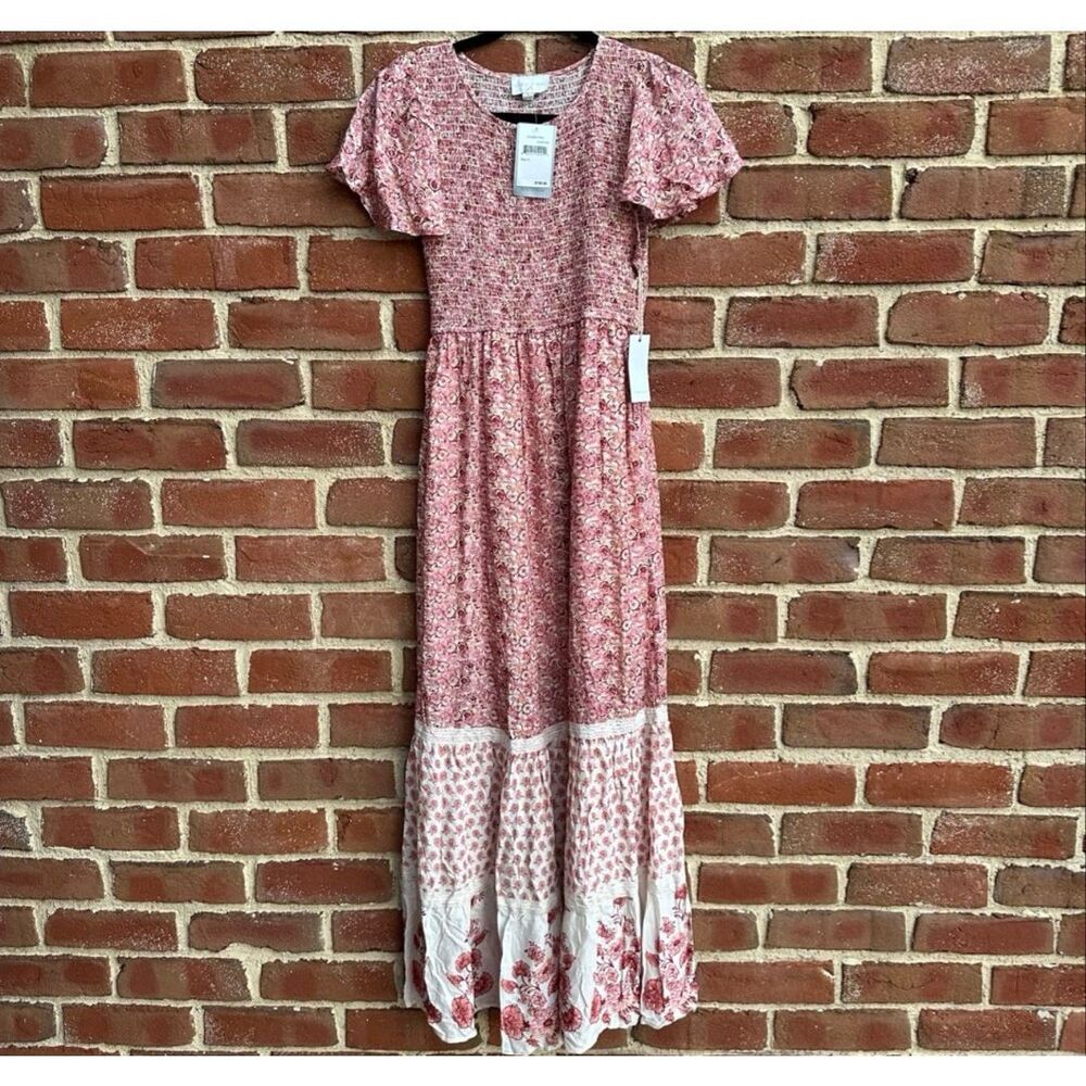 A Collective Story $158 Rose Pink Floral Smocked boho Maxi Dress Small NEW